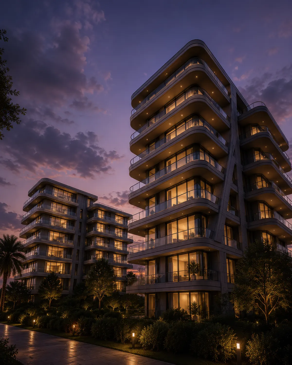 Residential building at dusk with curved balconies lit from within, garden planting and bollard lighting in the foreground