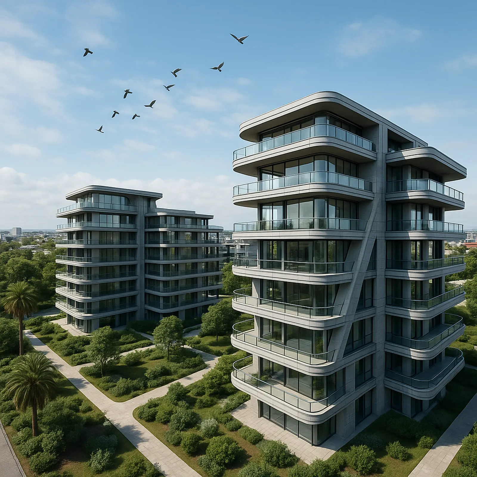 Elevated aerial of the residential scheme in full daylight, showing the residential blocks, walkways, the landscaped podium and palm trees
