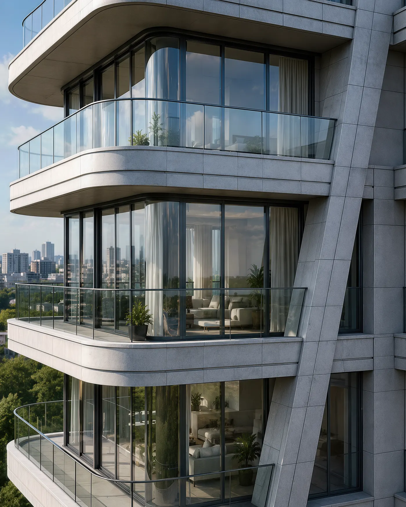 Close exterior view of curved residential balconies in daylight, showing stone banding, glass balustrades, floor-to-ceiling glazing and planted terraces above a tree canopy