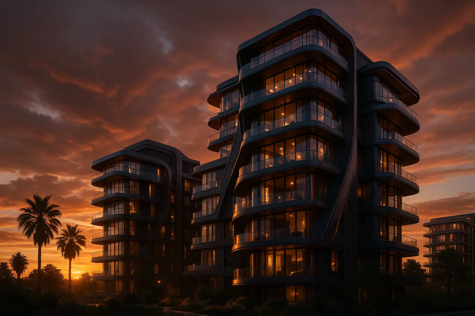 Residential blocks silhouetted against a deep orange dusk sky with palm trees and low planting in the foreground