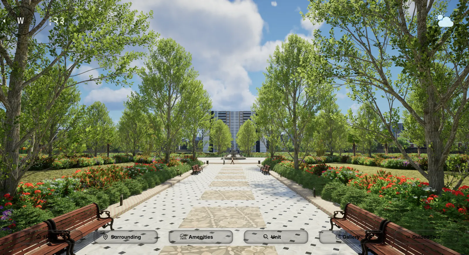 Paved garden promenade flanked by flowering beds and mature trees in daylight, with the residential blocks at the far end