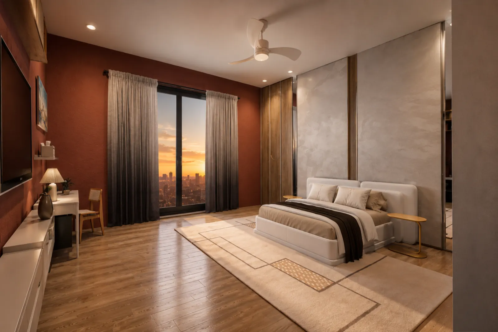 Bedroom interior at golden hour with warm sunset light over a city skyline, timber floor and a marble feature wall