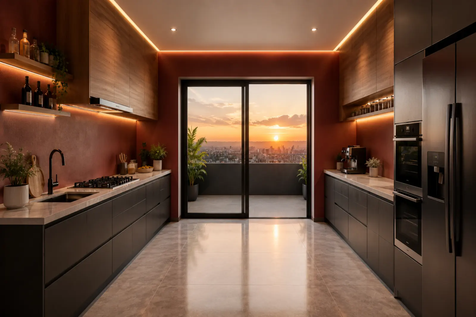 Kitchen interior at sunset with concealed cove lighting, timber and dark cabinetry, marble worktops and a sliding glass door opening to a balcony over the city