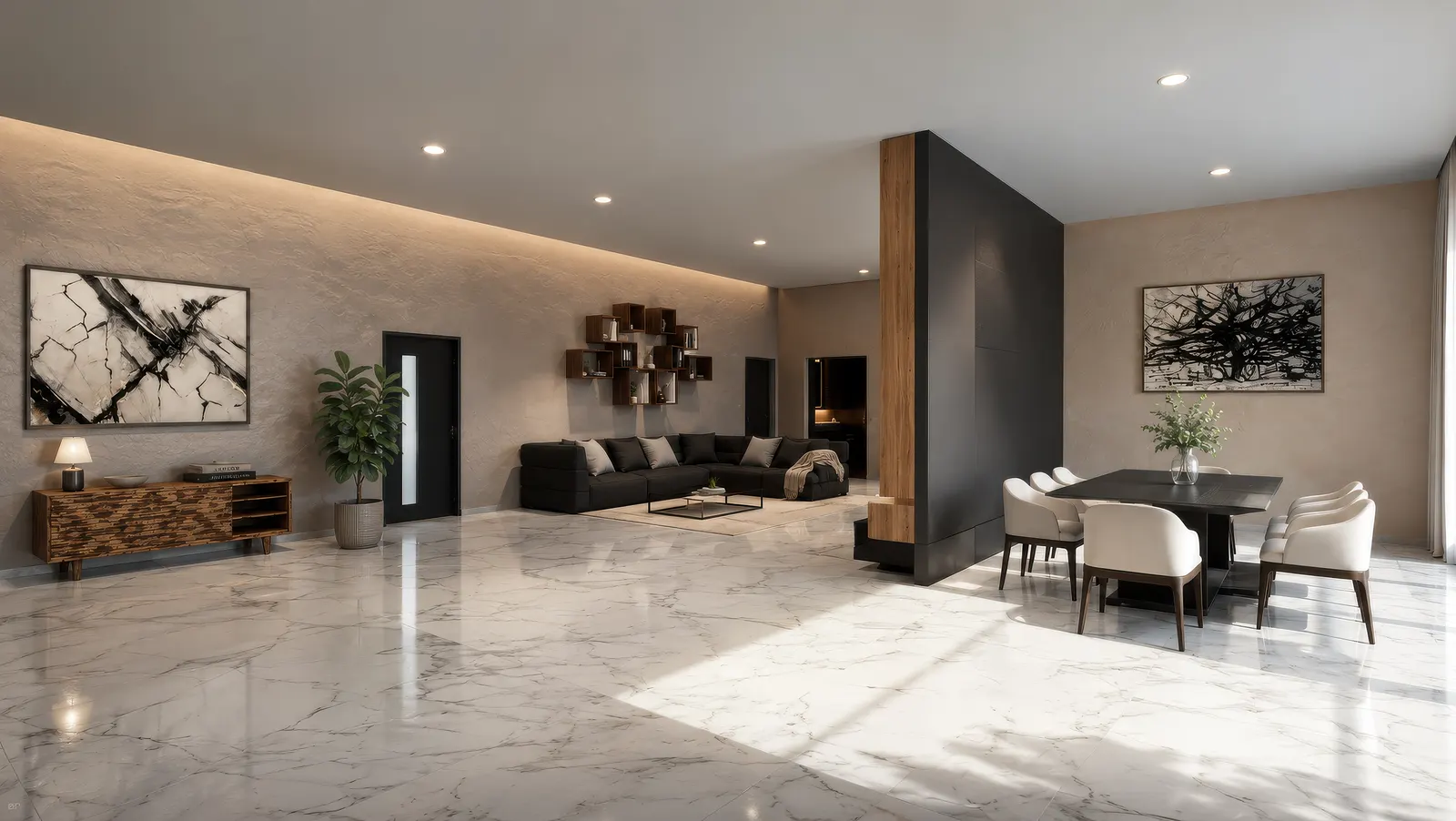 Open living and dining room in daylight with polished marble flooring, a dark stone and oak partition volume, a black marble dining table, textured walls and recessed cove lighting