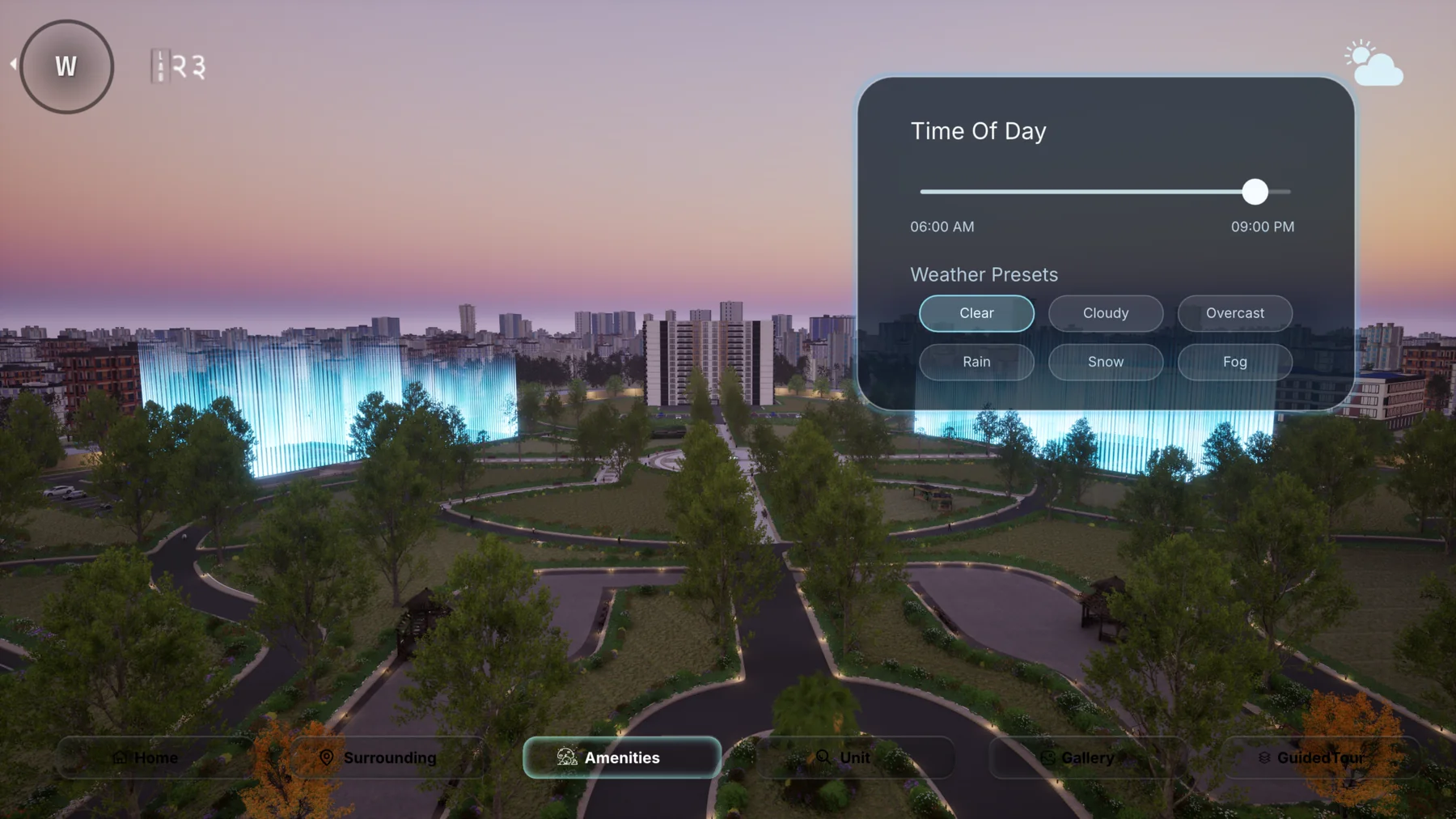 SalesMax Amenities screen at dusk with a time-of-day slider and weather presets over a landscaped park