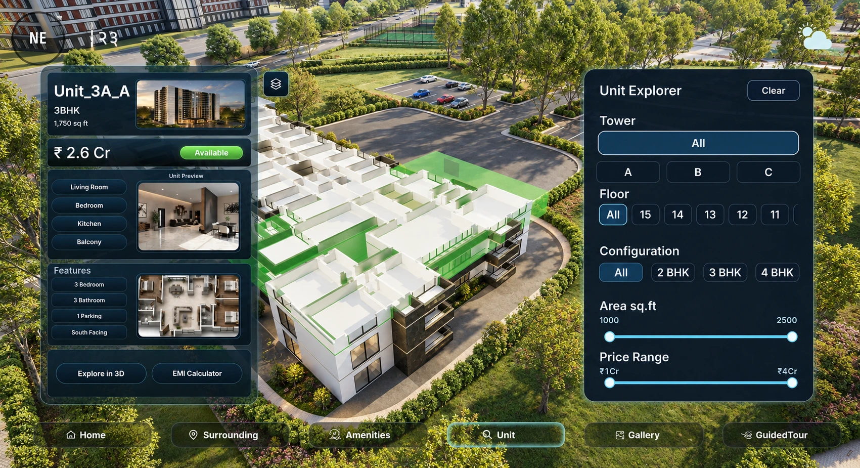 SalesMax Explore in 3D screen showing an exploded building massing over the landscape, with the unit card and unit explorer open