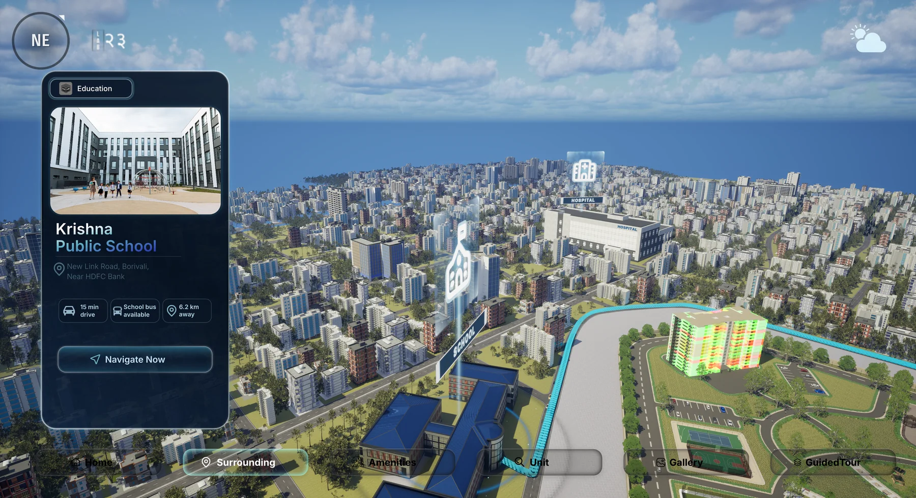 SalesMax Surrounding screen showing an aerial of the neighbourhood with markers for a school and a hospital, and a nearby-points-of-interest card