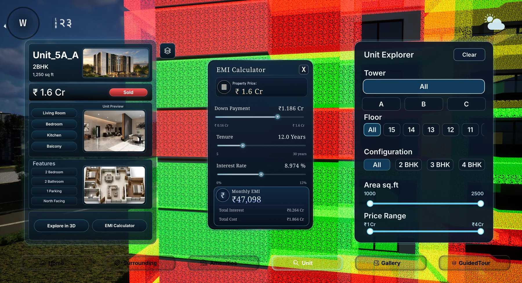 SalesMax Unit screen showing a unit card marked Sold, room previews, features, an EMI calculator and the unit explorer filters